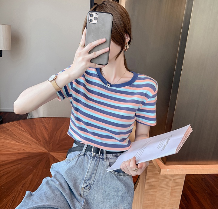 Slim short short sleeve tops stripe tight T-shirt for women