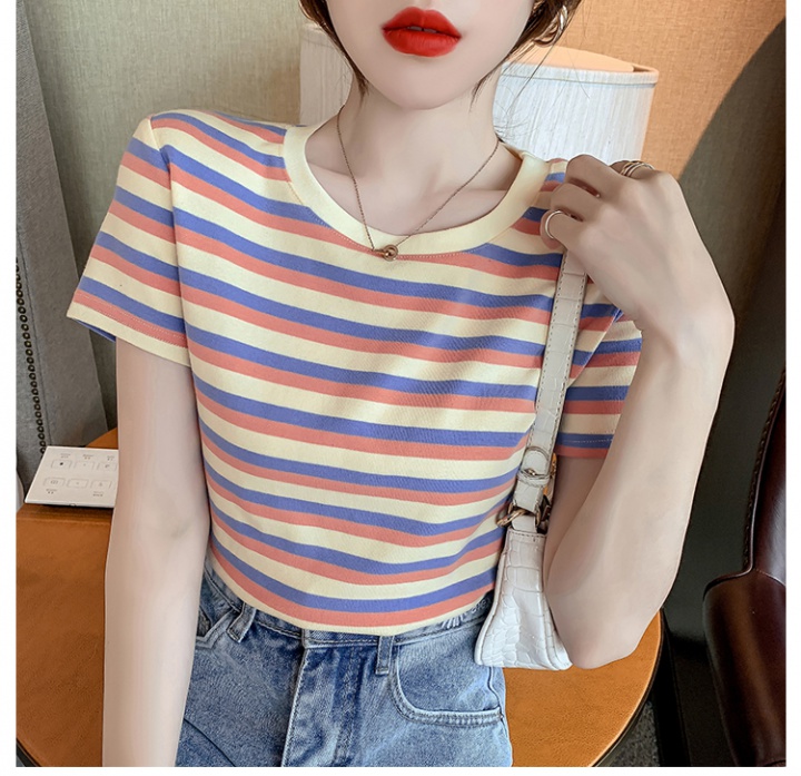 Slim short short sleeve tops stripe tight T-shirt for women