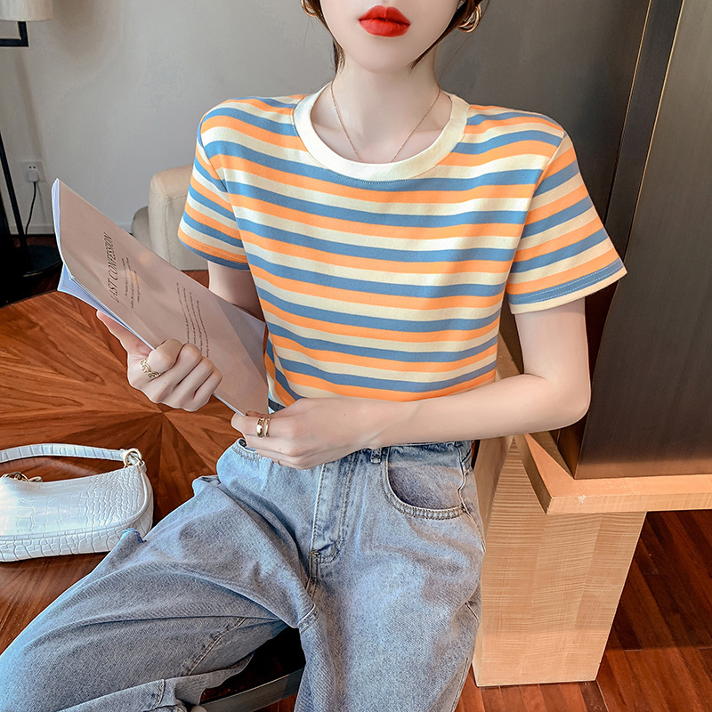 Slim short short sleeve tops stripe tight T-shirt for women