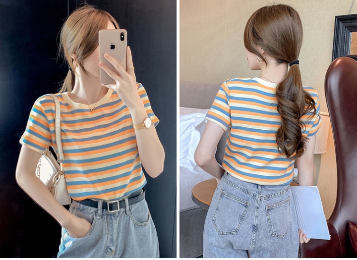 Slim short short sleeve tops stripe tight T-shirt for women