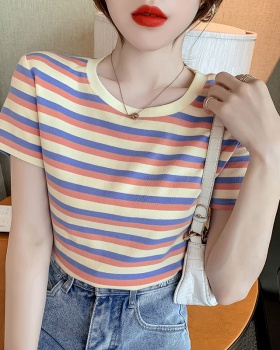 Slim short short sleeve tops stripe tight T-shirt for women