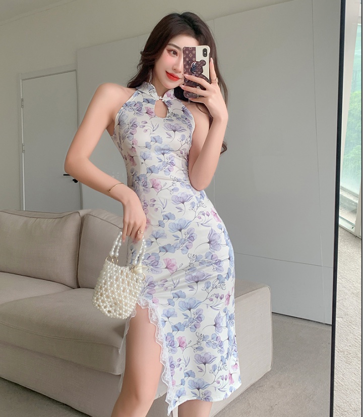 Split floral long cheongsam sexy light dress for women