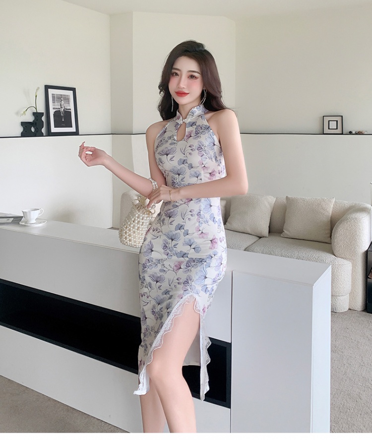 Split floral long cheongsam sexy light dress for women