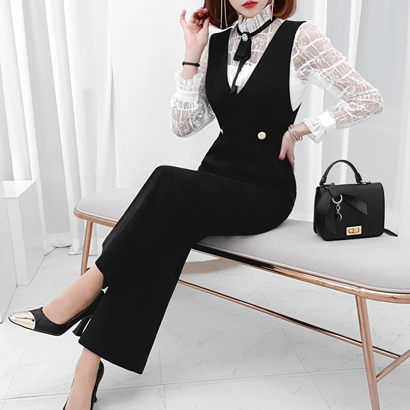 Korean style lace jumpsuit pinched waist tops 2pcs set