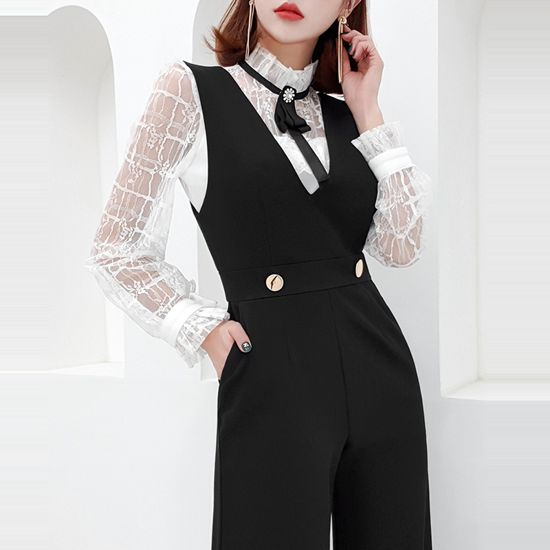 Korean style lace jumpsuit pinched waist tops 2pcs set