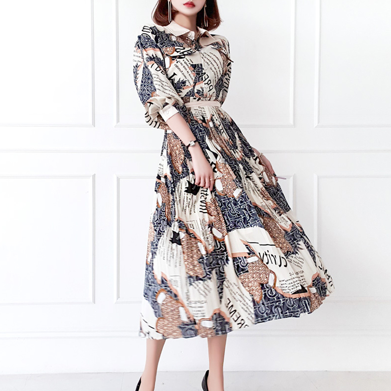 Pleated dress printing long dress for women