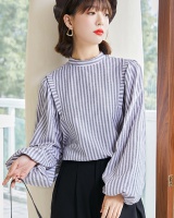 Lantern sleeve stripe tops long sleeve chiffon shirt for women