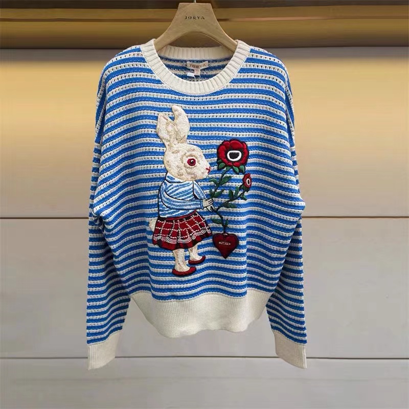 Embroidery all-match loose stripe fresh rabbit sweater
