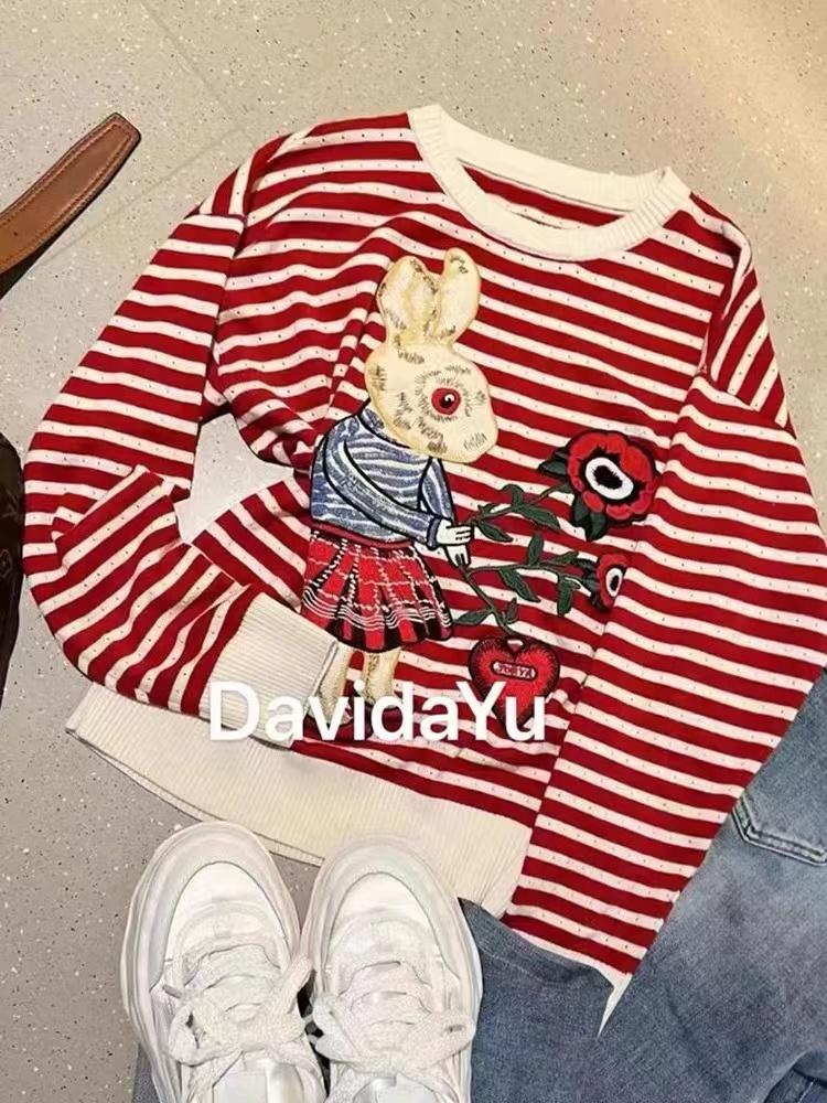 Embroidery all-match loose stripe fresh rabbit sweater
