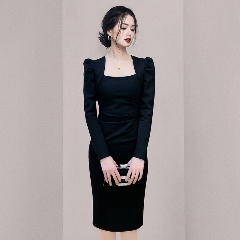 Slim square collar spring long puff sleeve dress