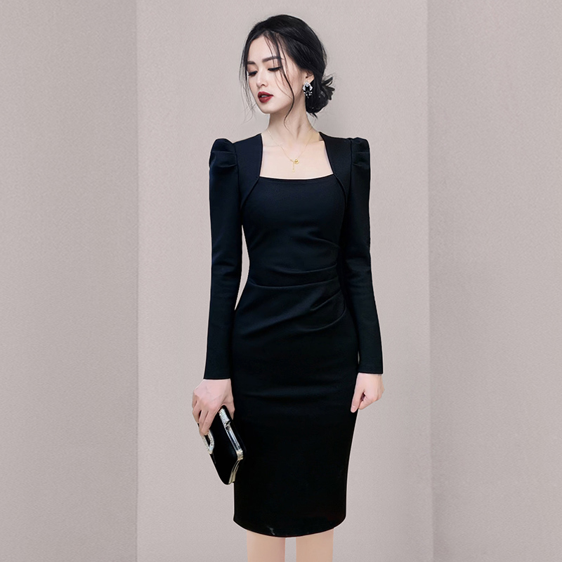 Slim square collar spring long puff sleeve dress