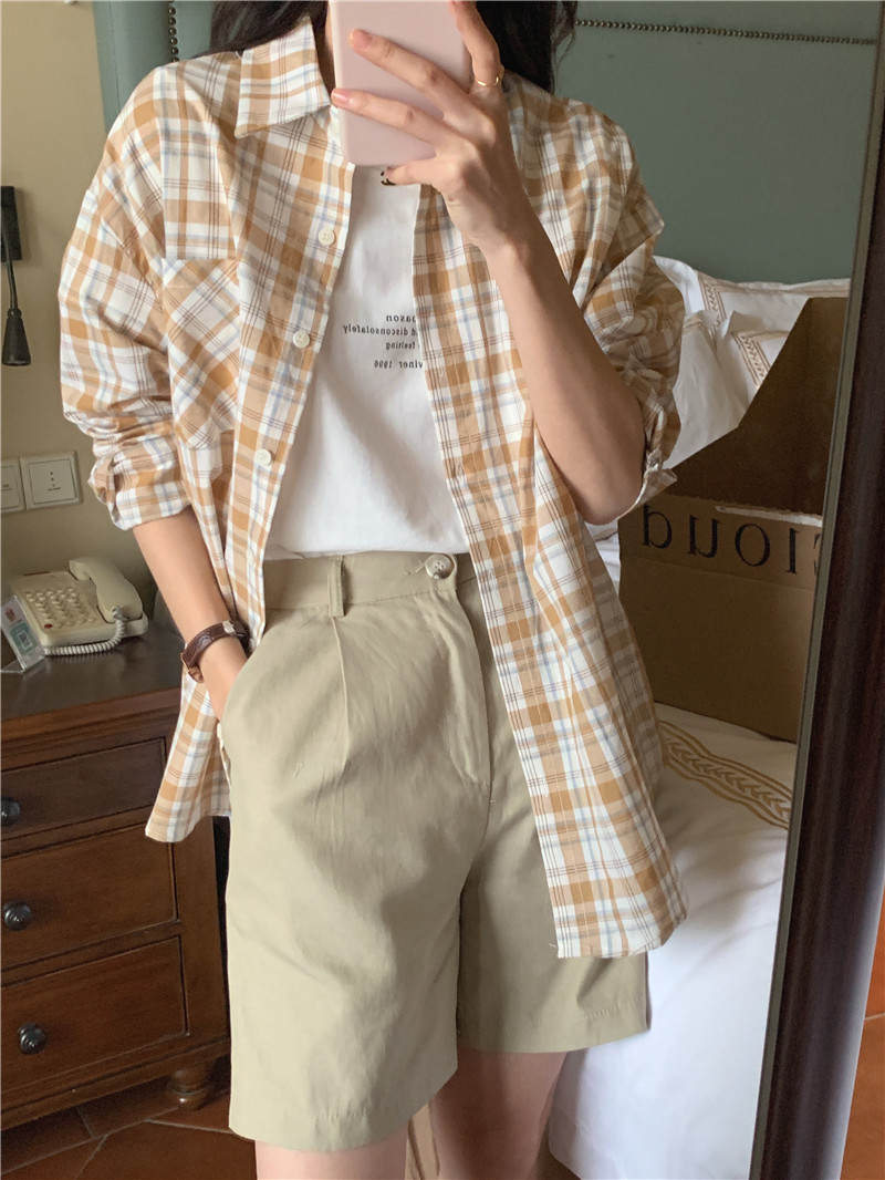 Long sleeve lazy Korean style loose plaid shirt