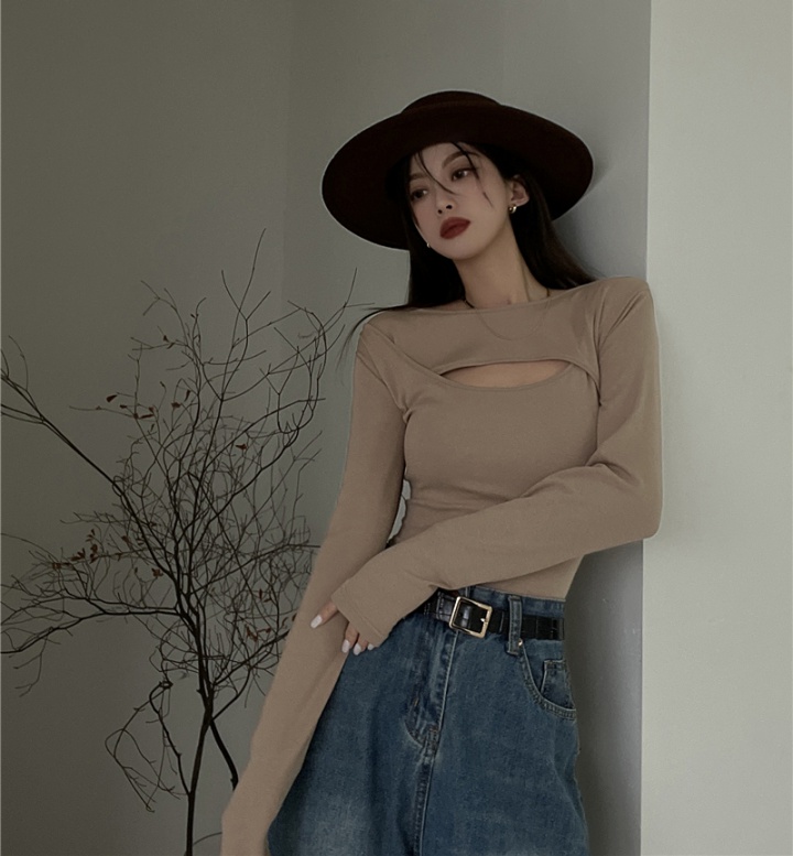 Round neck pure tops spring and autumn hollow bottoming shirt