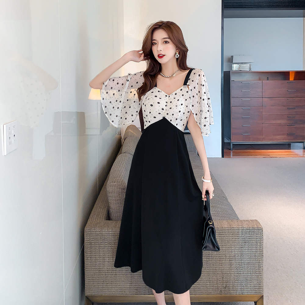 Splice retro black gauze temperament slim banquet dress