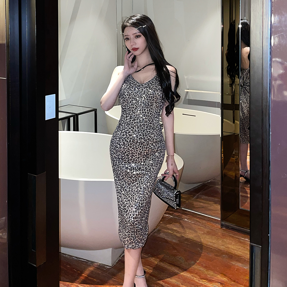 Leopard sexy glitter dress sling sequins formal dress