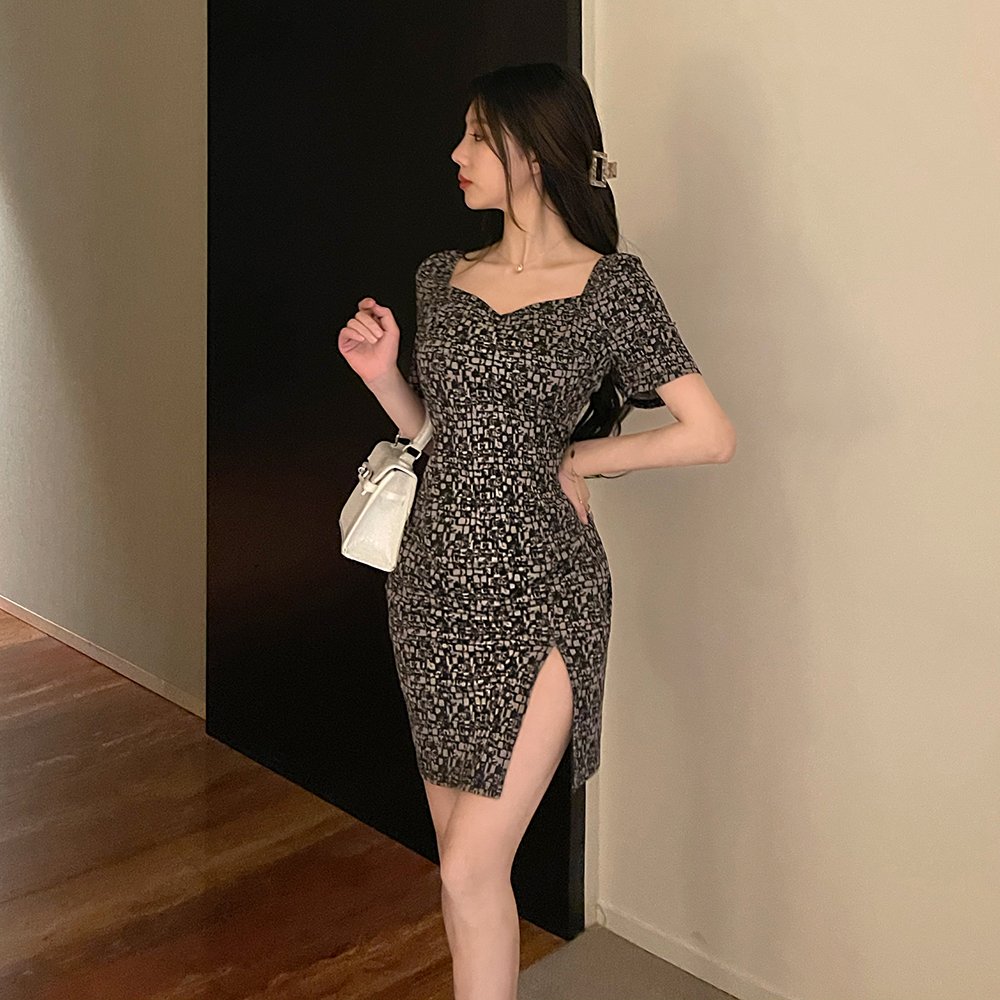 Retro slim printing package hip temperament dress