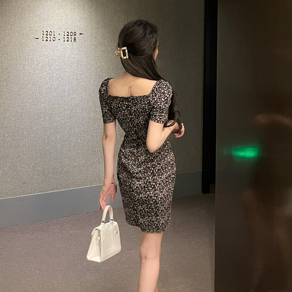 Retro slim printing package hip temperament dress