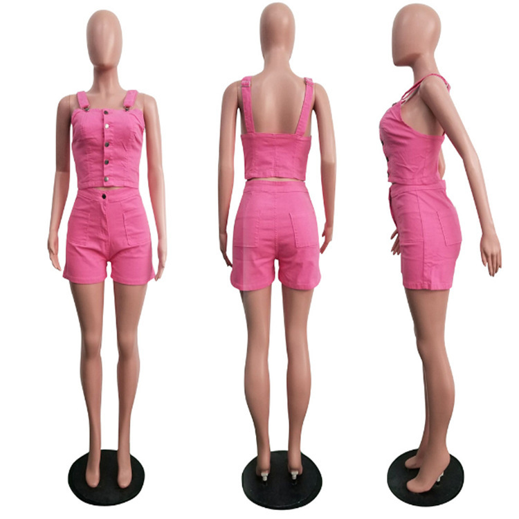 Sexy denim sling shorts slim summer tops 2pcs set for women