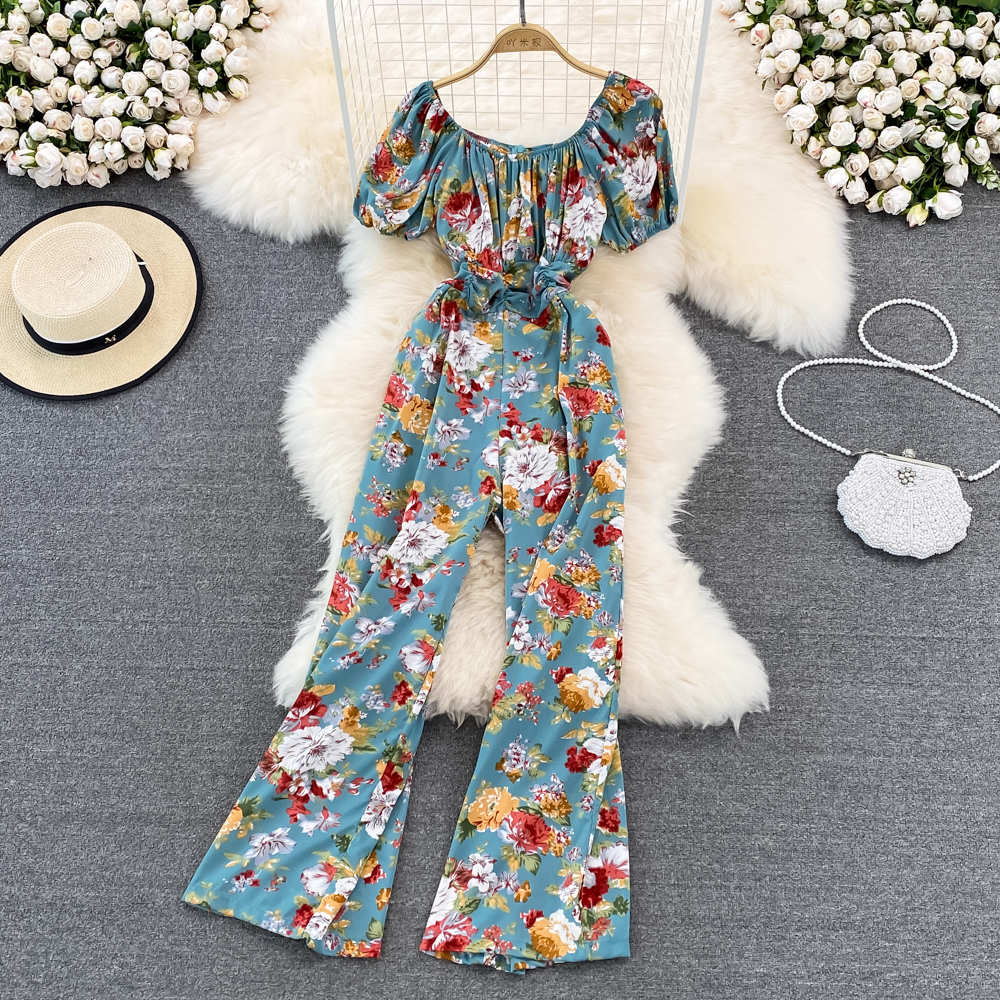 Square collar pinched waist vacation colors jumpsuit for women