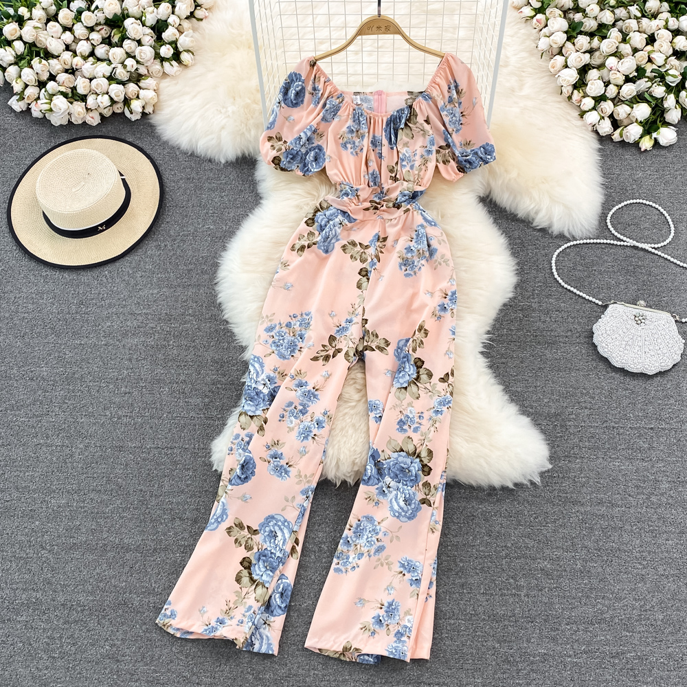 Square collar pinched waist vacation colors jumpsuit for women