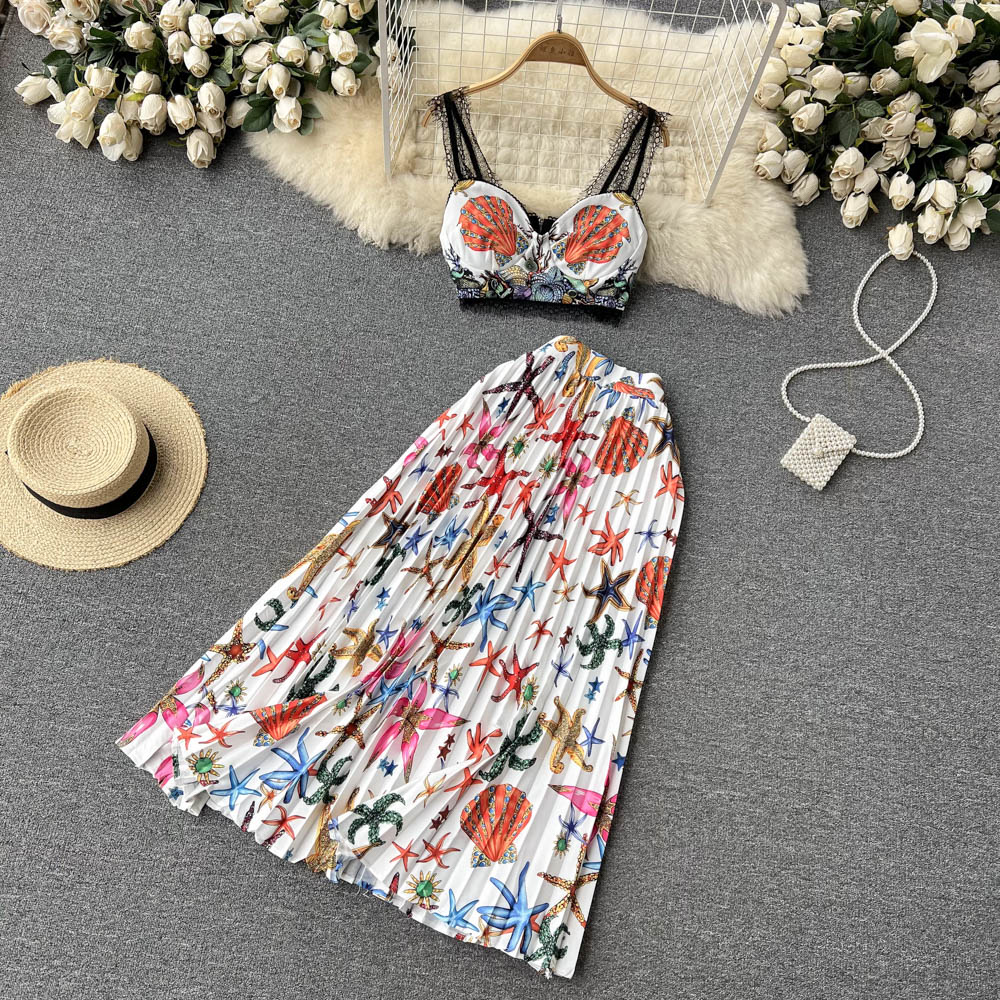 European style splice skirt sling lace tops 2pcs set