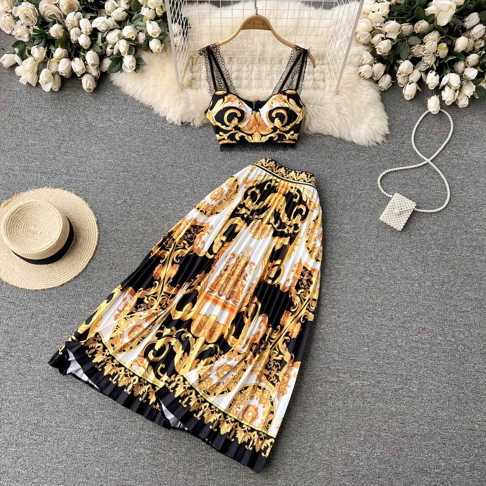 European style splice skirt sling lace tops 2pcs set