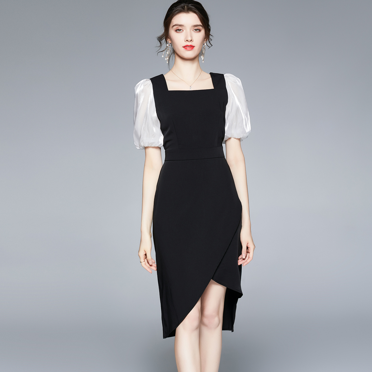 Summer puff sleeve France style square collar retro dress
