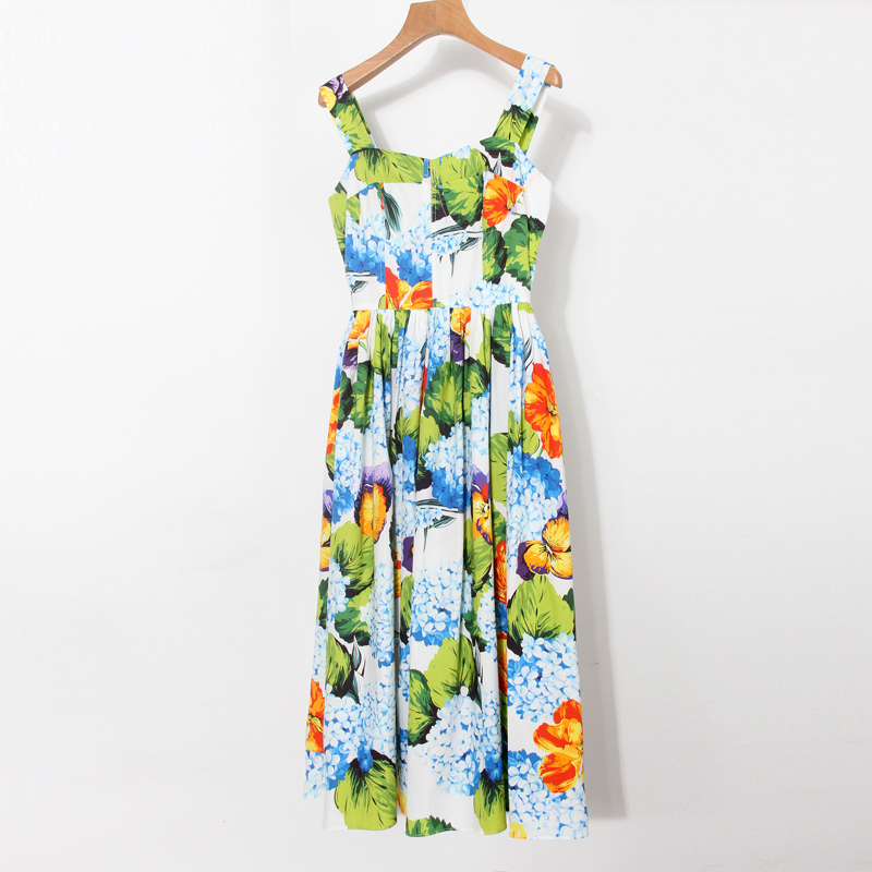 Printing summer sling big skirt long dress for women