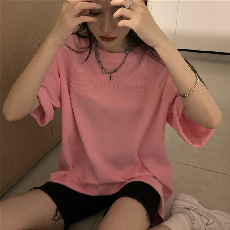 Loose letters relief short sleeve summer round neck T-shirt