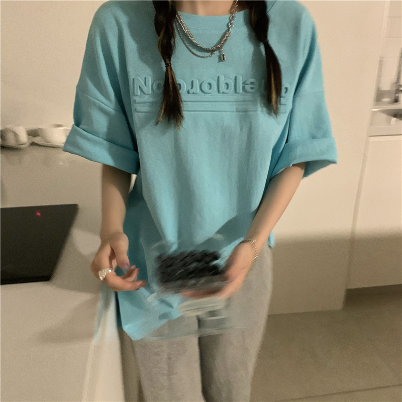 Loose letters relief short sleeve summer round neck T-shirt