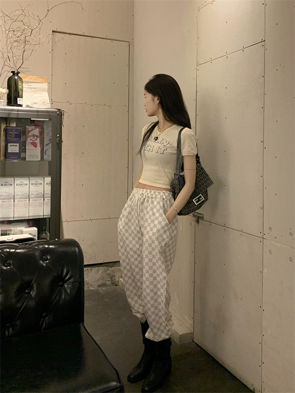 Korean style elastic waist plaid long pants for women