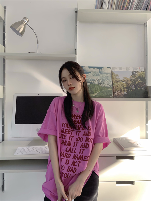 Retro summer Korean style tops gray printing T-shirt