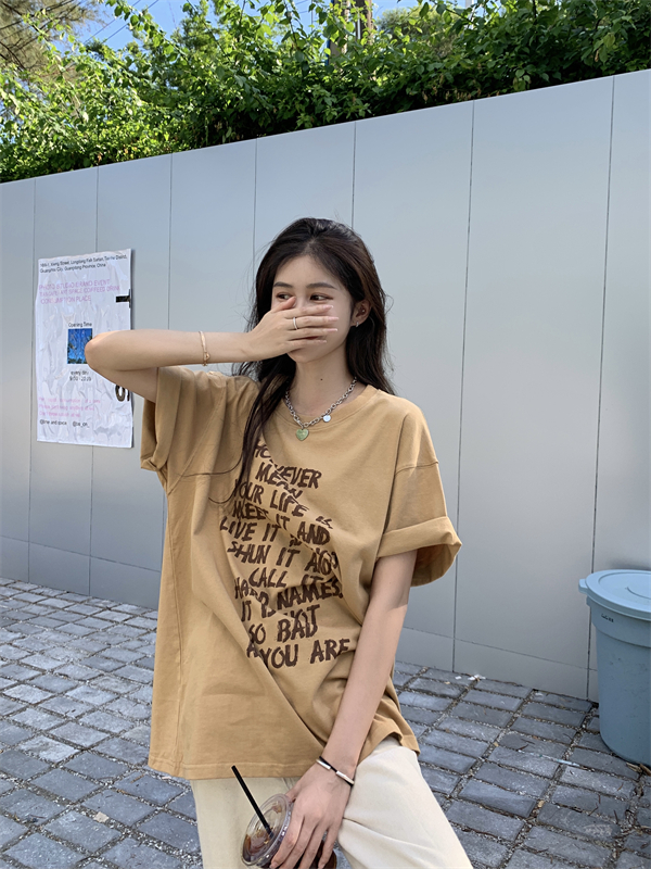 Retro summer Korean style tops gray printing T-shirt