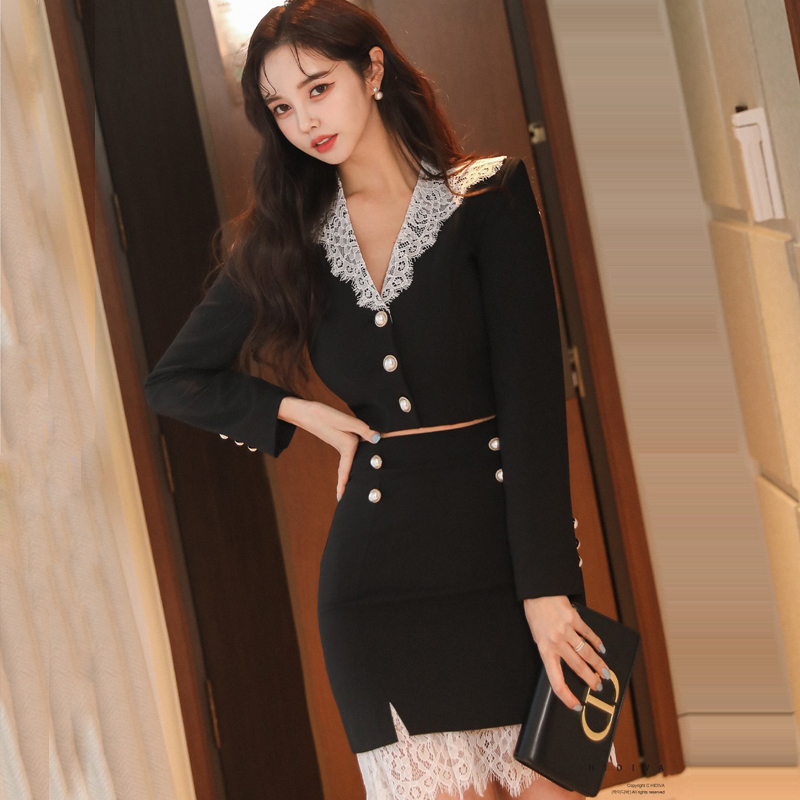 Slim splice skirt Korean style spring business suit a set