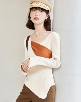 Cross V-neck splice mixed colors irregular sweater for women