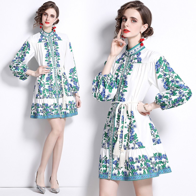 Single-breasted floral cstand collar lantern sleeve dress