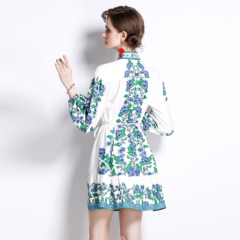 Single-breasted floral cstand collar lantern sleeve dress