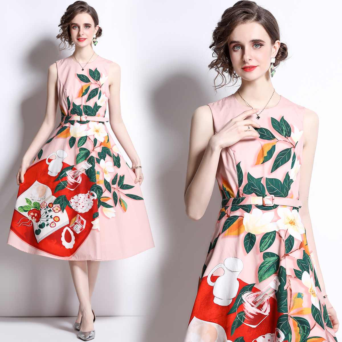 Mixed colors printing sleeveless round neck dress