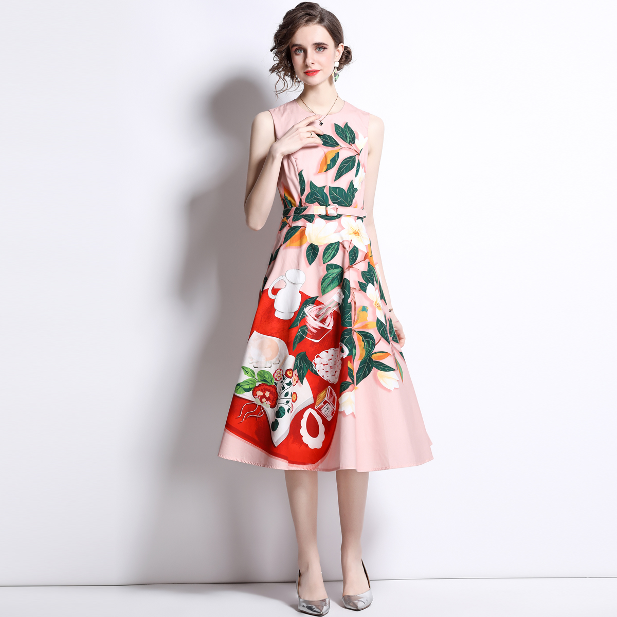 Mixed colors printing sleeveless round neck dress