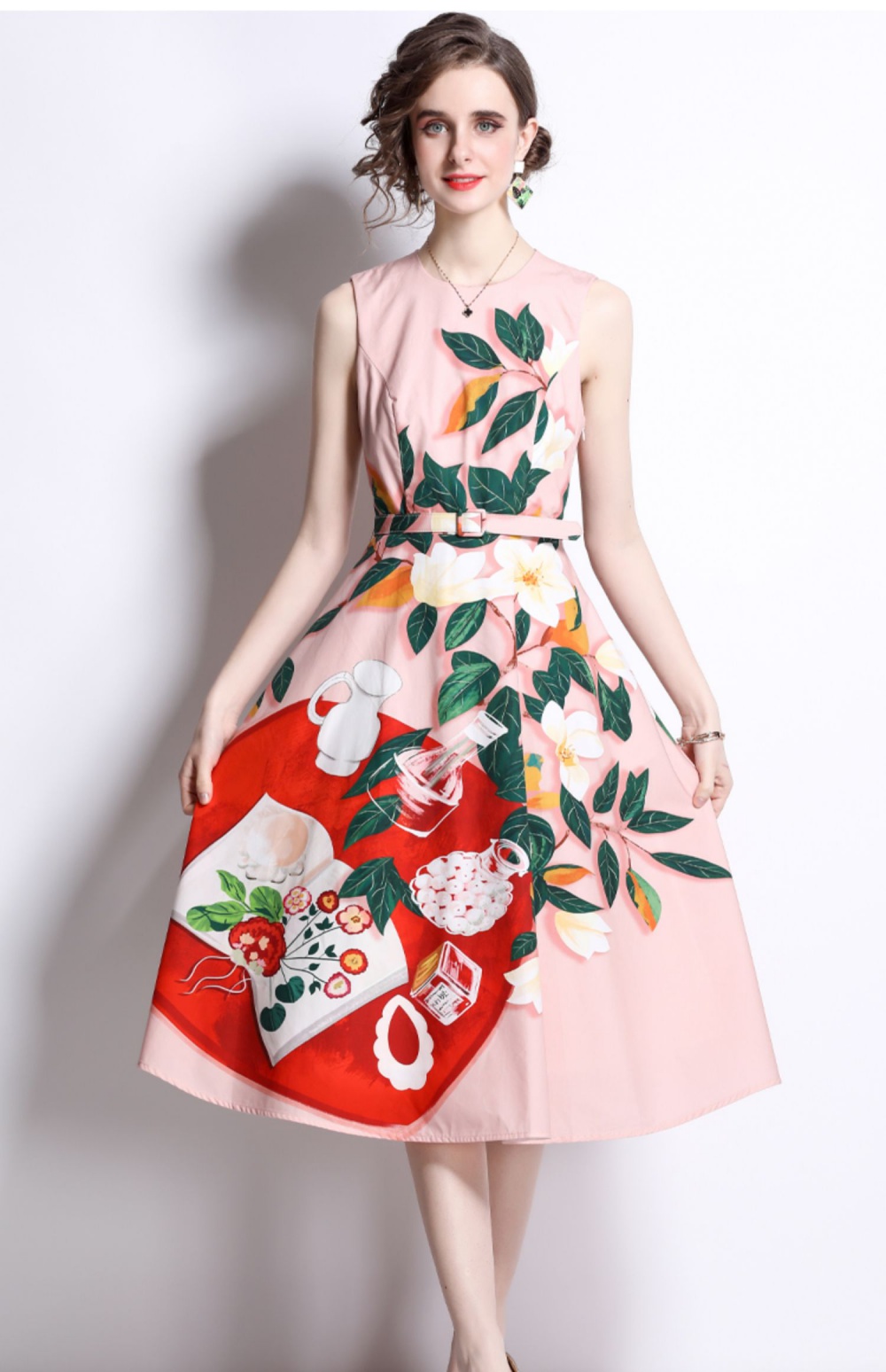 Mixed colors printing sleeveless round neck dress