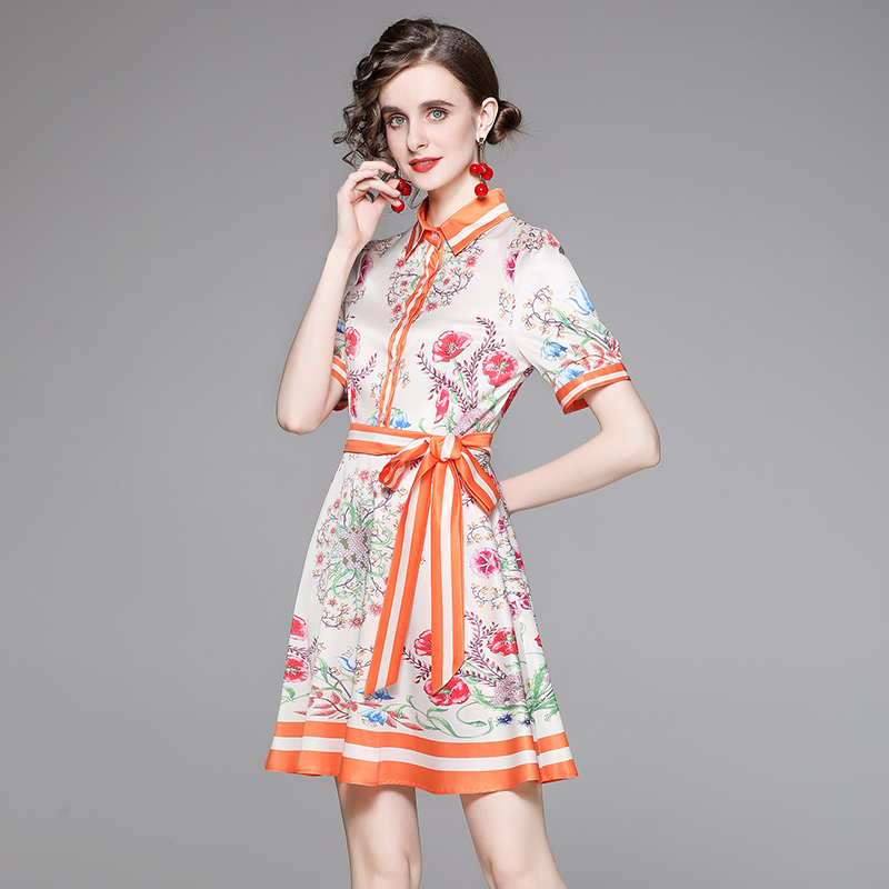 All-match slim fashion printing sweet pinched waist dress
