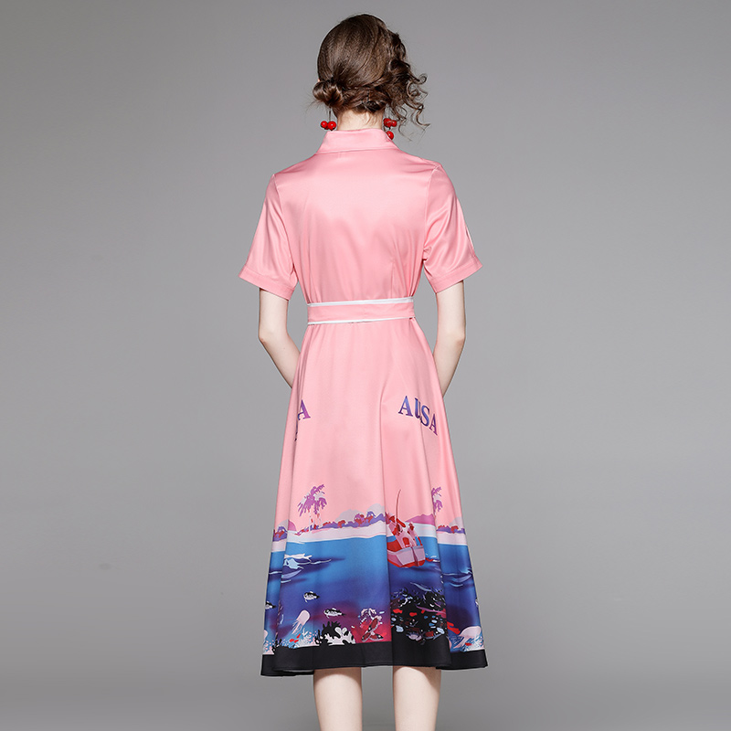 Fashion all-match sweet with belt printing slim summer dress