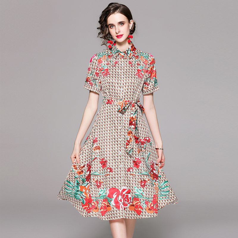 Pinched waist summer with belt flowers slim printing dress