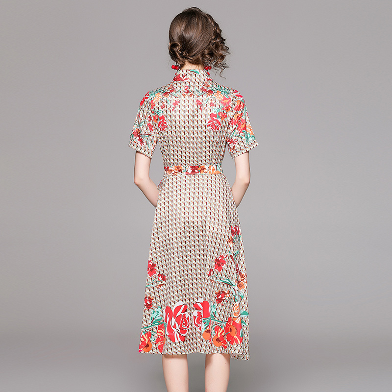 Pinched waist summer with belt flowers slim printing dress