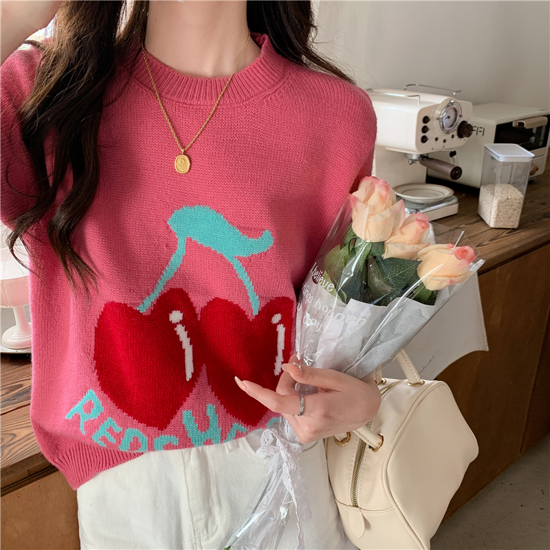 Cherry pullover round neck tops pink knitted T-shirt