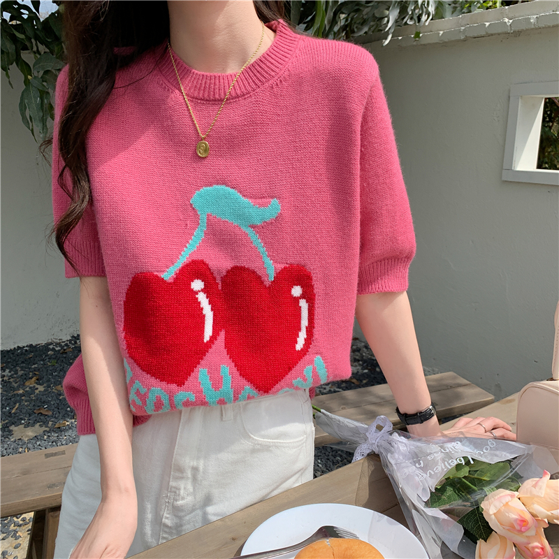 Cherry pullover round neck tops pink knitted T-shirt