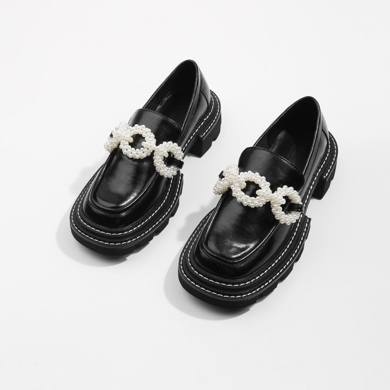 Buff fashion leather shoes pearl buckle uniform for women