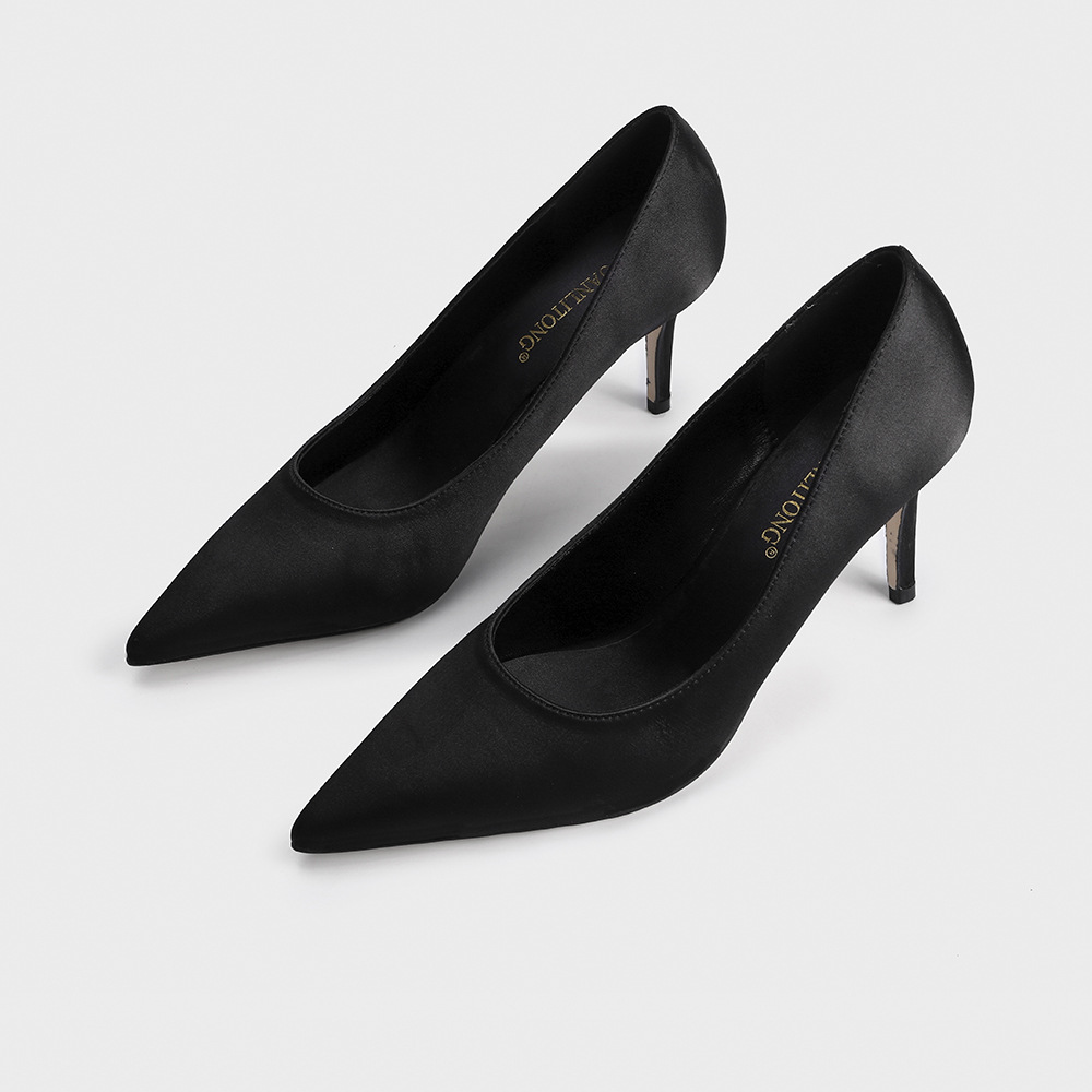 Black profession satin simple pointed high-heeled shoes