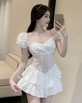 Sexy hollow pleated square collar puff sleeve short conjoined dress