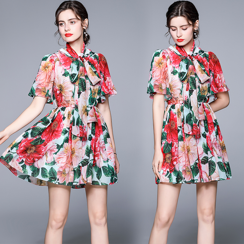 Western style retro printing slim colors pinched waist dress